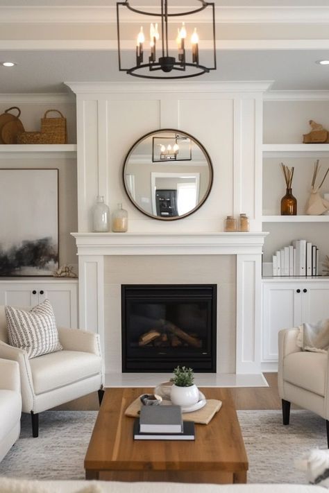 Simple Fireplace Wall Ideas, Craftsman Style Fireplace With Built Ins, Built Ins By Fireplace, Craftsman Fireplace With Built Ins, Bookcase Mantle, Shelves Around Fireplace, Bookshelves Around Fireplace, Mantle Makeover, Fireplace Bookcase