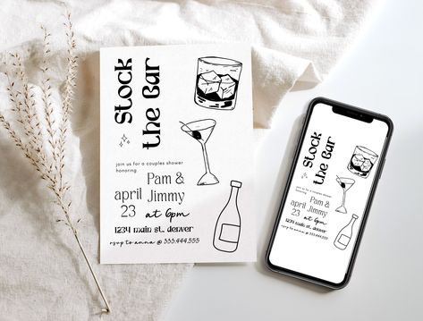 Stock The Bar Party Ideas, Stock The Bar Invitations, Bar Invitation, Wedding Shower Invitation, Save The Date Designs, Bar Wedding, Couples Shower Invitations, Wedding Shower Invitations, Party Bars