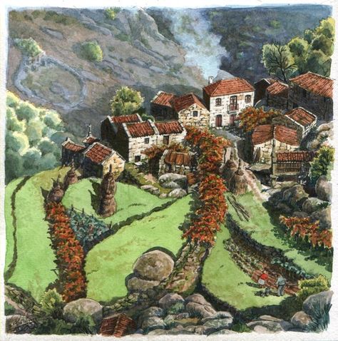 Gorgeous.  $95 #art #etsy #painting #village #mountain #portugal #rural #autumn #rural #watercolor #landscape Village From Above, Village Mountain, Autumn Painting, Etsy Art, Watercolor Landscape, Art Reproductions, Painting & Drawing, Watercolor Paintings, Original Art