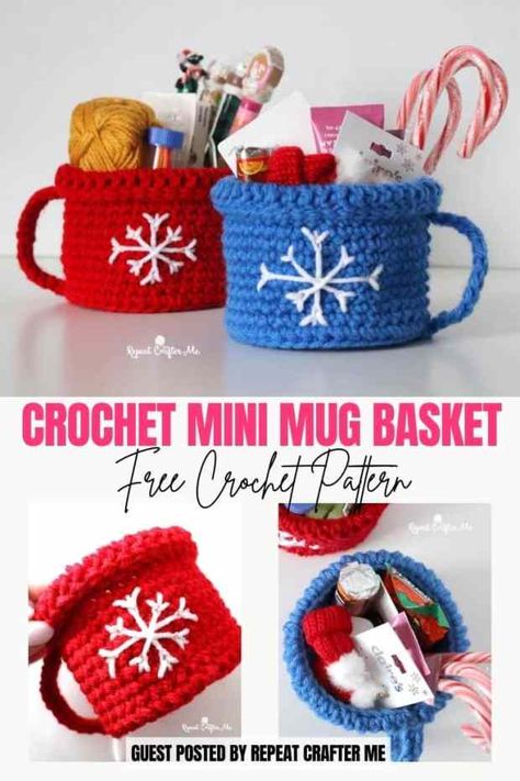 Crochet Christmas Box Free Pattern, Crochet Christmas Mug Jumper, Crochet Mini Christmas Present, Crochet Christmas Candy Holder, Free Christmas Patterns Crochet, Christmas Cozy Crochet, Crochet Coffee Cup Free Pattern, Crochet Coffee Mug Free Pattern, Crochet Present Box Pattern