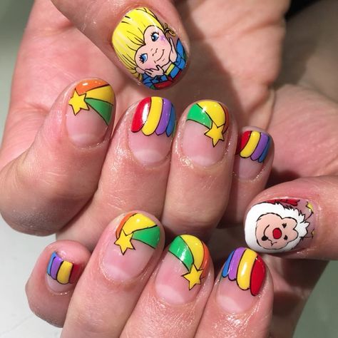 80s Nail Art, 80s Nails, Bling Nail Art, Pop Art Nails, August Nails, Painted Nails, Shimmer Shine, Rainbow Brite, Bling Nails