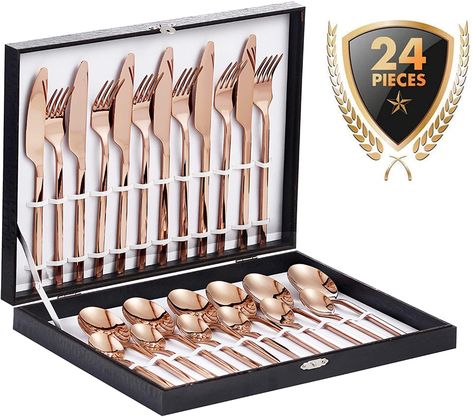 Velaze 24-Piece Rose Gold Silverware Set Cutlery Set, Stainless Steel Utensils Service for 6 Person Include Dinner Spoon, Dinner Fork, Dinner Knife and Tea Spoon, Mirror Polished Design: Amazon.co.uk: Kitchen & Home Rose Gold Silverware, Rose Gold Cutlery, Spoon Mirror, Copper Flatware, Gold Cutlery Set, Gold Silverware, Cutlery Set Stainless Steel, Gold Dinnerware, Gold Cutlery