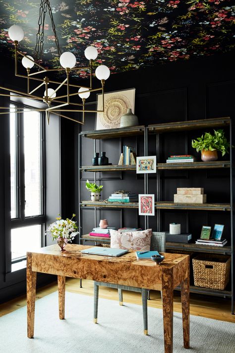 Moody Study, Shavonda Gardner, Carmeon Hamilton, Pottery Barn Desk, Office Goals, Latest Interior Design Trends, Wallpaper Ceiling, Bohemian Inspiration, Floor Plan Layout