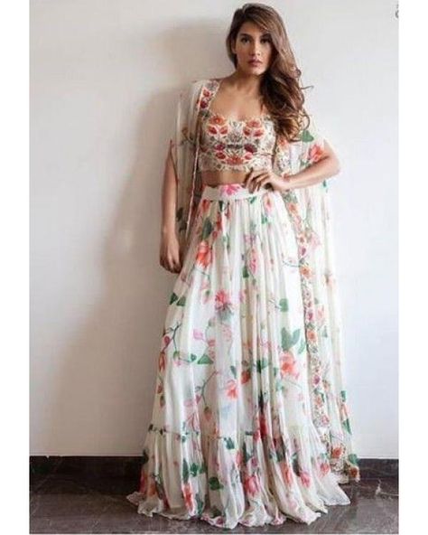 white printed georgette indowestern lehenga with shrug Indowestern Lehenga, Saree Kurti, Simple Lehenga, Saree Bollywood, Indo Western Dress, Lehenga Choli Online, Indian Gowns Dresses, Indian Lehenga, Indian Gowns