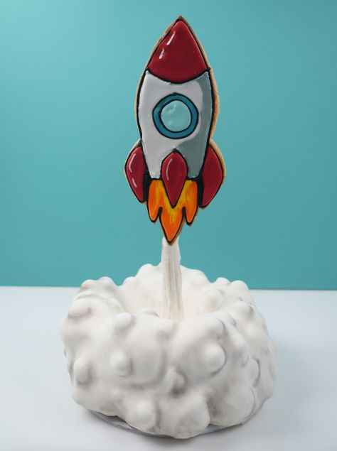 Fondant Rocket Ship, Rocket Cakes For Boys, Rocket Ship Cake, Rocket Ship Cakes, Space Cakes, Space Cookies, Digger Cake, Ship Cake, Cake Decorating Equipment