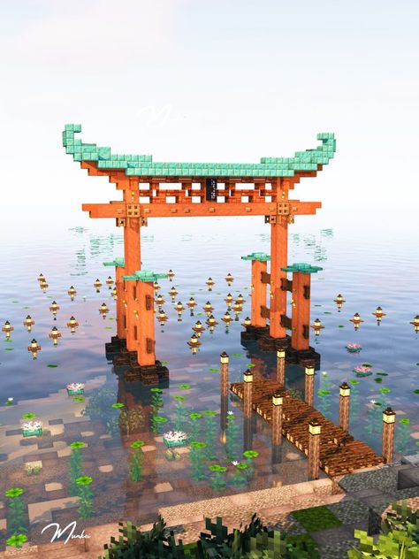 Minecraft Japanese Aesthetic, Minecraft Cherry Blossom Torii Gate, Japanese Minecraft Village Ideas, Minecraft Shinto Shrine, Japanese Lighthouse Minecraft, Japanese Roof Design Minecraft, Minecraft Japanese Roof Guide, Torri Gate Minecraft, Minecraft Japanese Torii Gate