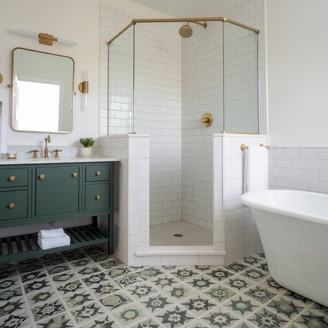 Add personality to your bathroom with patterned tiles. 🛁🧩 #InteriorDesign #PatternedTiles #HomeDecor #BathroomInspo Patterned Tile Bathroom, Patterned Tile, Patterned Tiles, Pattern Tile, Bathroom Reno, Bathroom Inspo, Bathroom Renos, Add Personality, Tile Patterns