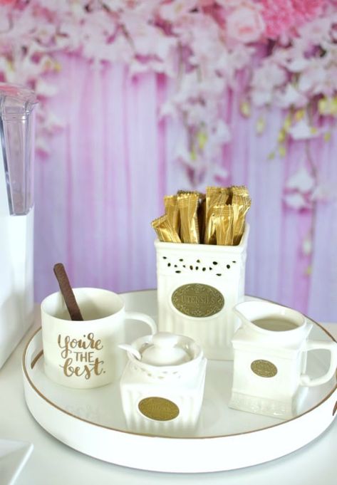 How to set up a Bridal Shower Coffee Bar | Pretty My Party Bridal Shower Coffee Bar, Diy Coffee Bar Cart, Coffee Bar Cart, Fruit Pastries, Diy Coffee Bar, Bar Displays, Black Christmas Trees, Diy Bar, Diy Coffee