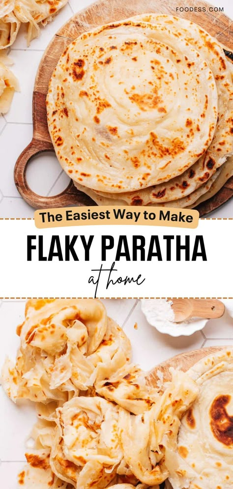 Looking for an easy Indian flatbread recipe that's perfect for breakfast, lunch, or dinner? Try paratha! This guide will help you achieve soft, stretchy dough that pulls apart into delicious layers. Paratha is a versatile flatbread enjoyed throughout India and beyond. It's traditionally made with whole-wheat flour and cooked on a griddle. You can serve it plain, with yogurt and pickles, or pair it with curries or dals. Head over to the blog post for the full recipe. Flaky Paratha Recipe, Porotta Recipe, Parathas Recipes, Paneer Crispy, Roti Recipe Easy, Indian Bread Naan, Soft Flatbread Recipe, Paratha Bread, Soft Flatbread