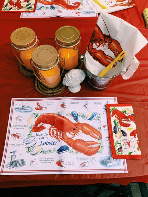 Lobster Bachelorette Party, Lobster Theme Party, Dinner Birthday Party Ideas, Candles Table Setting, Dinner Birthday Party, Lobster Party, Dinner Party Birthday, Lobster Fest, Seafood Party