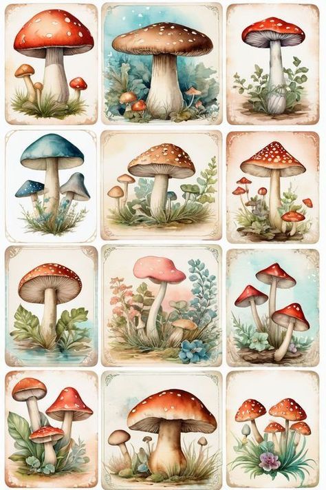 Mushroom Stickers, Mushroom Crafts, Scrapbook Printing, Scrapbook Stickers Printable, Vintage Junk Journal, Mushroom Art, Scrapbook Journal, Small Art, Vintage Printables