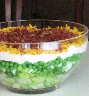 This has been my duty to bring to the family feast for the last 20 years since I introduced hubby's family to it.   The 7 layer salad -- lettuce layer 1, green onion layer 2, celery layer 3, green peas layer 4,  sour cream & mayo dressing layer 5, shredded cheese layer 6 and bacon crumbles layer 7. 7 Layered Salad, 24 Hour Salad, Southern Cornbread Salad, 7 Layer Salad, Low Carb Veggie, Cornbread Salad, Layer Salad, Seven Layer Salad, Layered Salad Recipes