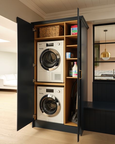 Hidden Appliances, Utility Room Ideas, Hide Appliances, Laundry Cupboard, Artisan Kitchen, Light Gray Cabinets, Toilet Room Decor, Utility Cupboard, Basement Laundry Room