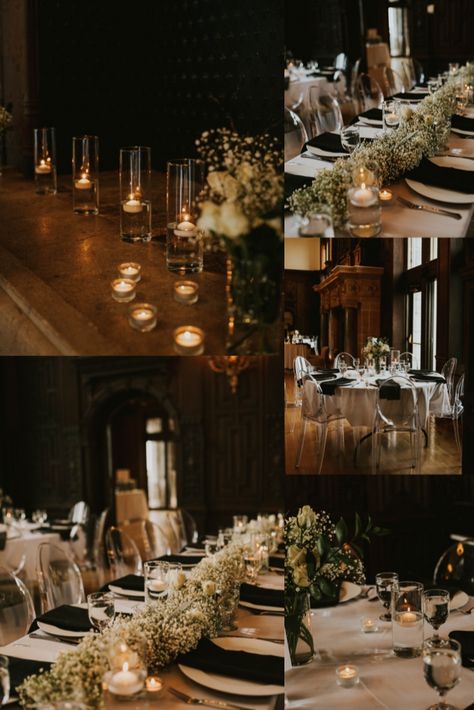 Manor Wedding Decor, Moody Elegant Wedding, Small Indoor Wedding, Black Tablecloth Wedding, Mansion Wedding Decor, 4 Bestie, Academia Wedding, Dark Academia Wedding, Babies Breath Flowers