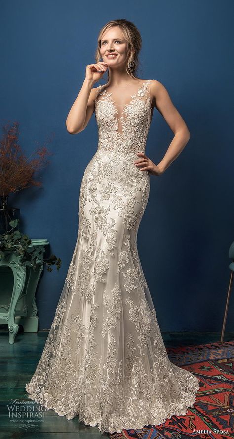 amelia sposa 2019 bridal seeveless illusion bateau v neck full embellishment elegant fit and flare wedding dress sheer lace back sweep train (5) mv -- Amelia Sposa 2019 Wedding Dresses | Wedding Inspirasi #wedding #weddings #bridal #weddingdress #weddingdresses #bride #fashion #collection:Elegance #label:AmeliaSposa #week:122019 #year:2019 ~ Dramatic A Line Wedding Dress, Pnina Wedding Dresses, Wedding Dress Sheer, Fitted Lace Wedding Dress, Flare Wedding Dress, Western Wedding Dresses, Celebrity Wedding Dresses, Wedding Inspirasi, Sheer Wedding Dress