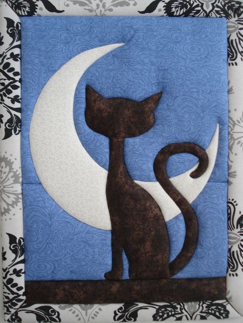 Cat Quilt Patterns, Moon Quilt, Cat Applique, Cat Moon, Fabric Postcards, Animal Quilts, Cat Quilt, Cat Crafts, Patch Quilt