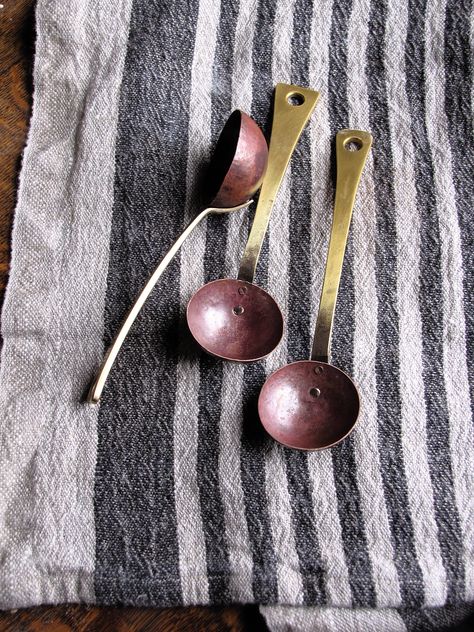 Erica Moody Artisan Metalwork Hammered copper, riveted brass metals spoons Spoon Aesthetic, Brass Cutlery, Copper Utensils, Kitchen Wares, Independent Study, Ladles, Coffee Scoop, Copper Art, Metal Works