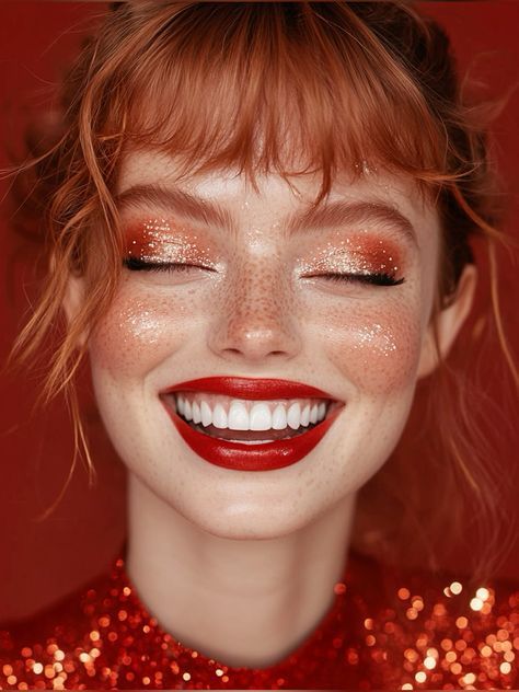 Christmas Photo Makeup, Red Holiday Makeup, Christmas Photoshoot Makeup, Vintage Christmas Makeup, Red Christmas Makeup Look, Christmas Beauty Campaign, Holiday Makeup Looks Christmas Classy, Glam Christmas Makeup, Makeup Noel