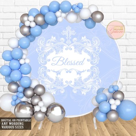 Baptism Round Backdrop Blessed Background Blue Cross Boy First Holy Communion Baby Shower Party Decoration Christening Photography Digital Blessed Background, Baptism Backdrop, Christening Photography, Baby Shower Chalkboard, Christening Party, Printable Party Decorations, Round Backdrop, Background Blue, Blue Cross