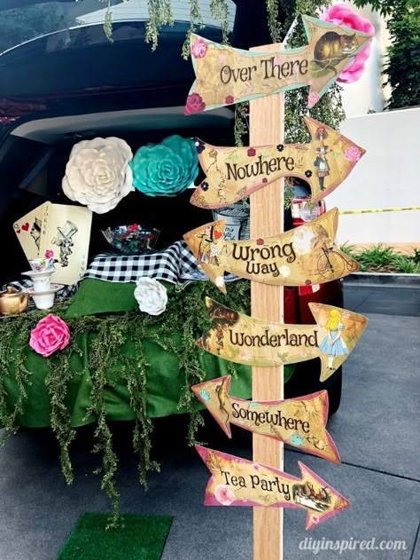 3 Awesome Trunk or Treat Ideas Alice In Wonderland Golf Cart, Wonderland Trunk Or Treat, Halloween Trunk Or Treat, Alice In Onederland, Alice In Wonderland Decorations, Alice In Wonderland Tea Party Birthday, Onederland Birthday Party, Mad Hatters Tea Party, Alice In The Wonderland