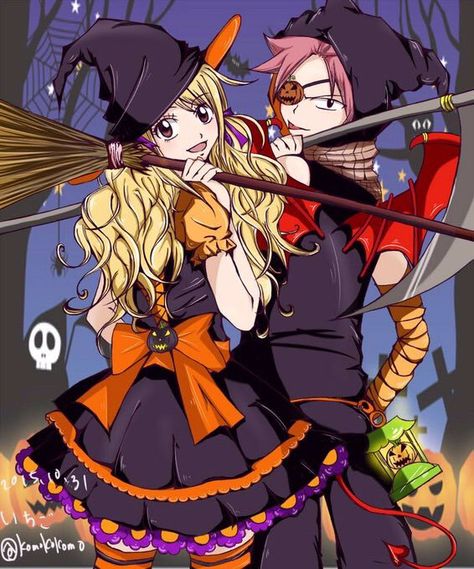 Halloween Lucy Heartfilia, Nalu Halloween, Fairytail Halloween, Fairy Tail Halloween, Fairytail Natsu, Straight Ships, Cute Halloween Drawings, Natsu Fairy Tail, Fairy Tail Natsu And Lucy