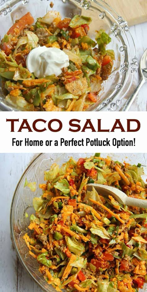 This Taco Salad recipe is my go-to when I want a quick and easy meal. Plus, as evidence proved, it’s a hit to take along to dinners and functions. #tacosalad #saladrecipes Taco Salad Recipe Healthy, Taco In A Bag, Layered Taco Salads, Easy Taco Salad Recipe, Taco Salad Dressing, Chicken Taco Soup Recipe, Turkey Taco Salad, Taco Salad Bowls, Potluck Salad