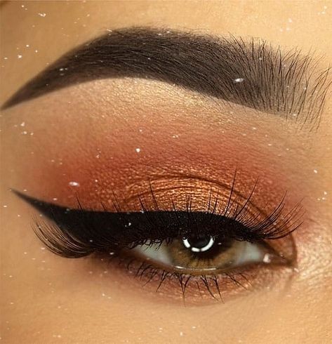 Beautiful orange/peach tones Eyeshadow For Orange Dress, Prom Makeup Looks For Orange Dress, Orange Prom Makeup Looks, Makeup Looks For Orange Dress, Black And Orange Eyeshadow, Prom Makeup Orange, Simple Orange Makeup Looks, Orange Prom Makeup, Rust Makeup Look