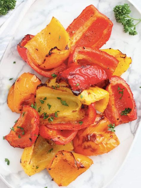 Perfect for a vegetable side dish, or add to your favorite soups, stews, salads and sandwiches, roasted bell peppers are so easy to make in the air fryer. Simple to prep and quick to cook, this is an easy way to add color and flavor to your plate. The edges get perfectly charred. Sautéed Bell Peppers, Roasted Bell Peppers, Favorite Soups, Vegetable Side Dish, Bell Pepper Recipes, Soups Stews, Vegetable Side, Roasted Peppers, Baby Carrots