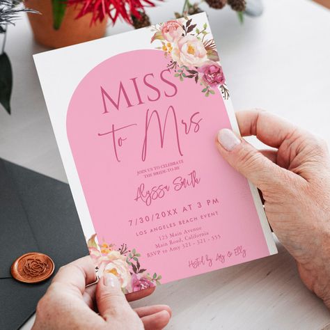 Miss to Mrs Hot Pink Floral Bridal Shower Invitation Pink Floral Invitation, Pink Floral Bridal Shower, Popular Wedding Invitations, Bright Wedding Colors, Brunch Bubbly, Miss To Mrs, Hot Pink Roses, Hot Pink Floral, Invitation Pink