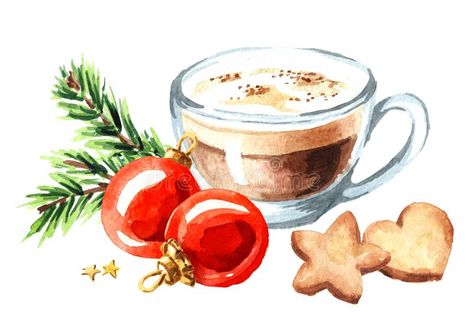 Hot Chocolate Clipart, Branch Watercolor, Xmas Drawing, Coffee Watercolor, Painted Christmas Cards, Christmas Stock Photos, Xmas Sticker, Coffee Cappuccino, Cocoa Cookies