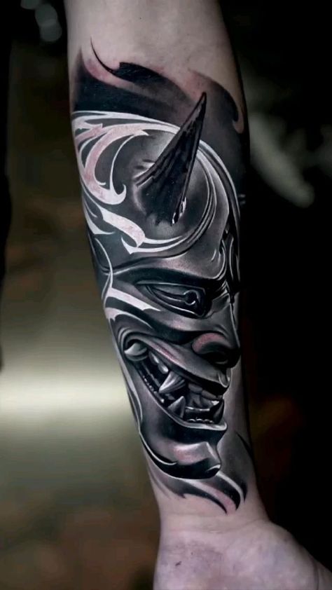 Tattoo Oni, Mascara Hannya, Hanya Mask Tattoo, Mascara Oni, Tattoo Designs With Meaning, Gas Mask Tattoo, Japanese Mask Tattoo, Designs With Meaning, Oni Mask Tattoo