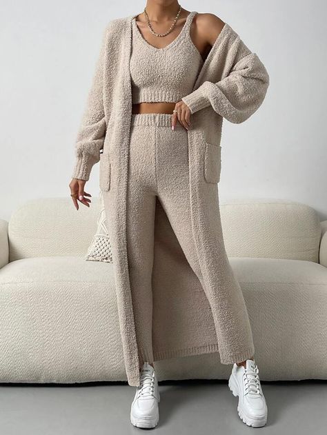 Chocolate Mousse Cups, Mousse Cups, Áo Len Cardigan, Plain Pants, Solid Color Sweater, Sleeveless Knit Top, Set Outfits, Pullover Outfit, Pocket Cardigan