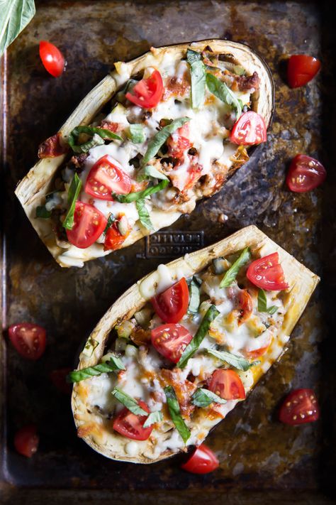 Healthy turkey & veggie stuffed eggplant boats from the cookbook Dinner for Two. Protein and fiber packed, and perfect for a healthy dinner. #healthydinner #dinnerideas #highprotein #eggplant Aubergine Pasta, Sweet Potato Bbq, Eggplant Boats, Eggplant Recipes Healthy, Low Carb Zucchini Lasagna, Healthy Eggplant, Stuffed Eggplant, Eggplant Parm, Ambitious Kitchen