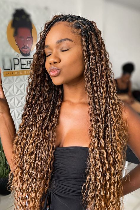 Boho box braids (also known as gypsy or goddess box braids) have become popular with celebrities like Zoe Kravitz. Explore new ways to install and style this fun look! Boho Braided Hairstyles, Bohemian Braids, Goddess Braids Hairstyles, Blonde Braids, Box Braids Hairstyles For Black Women, Braids Hairstyles Pictures, Protective Hairstyles Braids, Pretty Braided Hairstyles, Braids With Curls