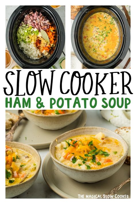 Slow Cooker Ham and Potato Soup Slow Cooker Ham Potato Soup, Ham And Potato Soup Slow Cooker, Cheesy Ham And Potato Soup Crockpot, Ham And Potato Soup Instant Pot, Crock Pot Ham And Potato Soup, Slow Cooker Ham And Potato Soup, Potato Soup With Ham Bone, Ham Bone And Potato Soup, Crockpot Ham Potato Soup