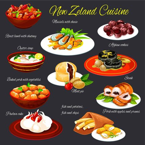 New Zealand cuisine meat meals and desserts vector New Zealand Cuisine, Oyster Soup, Pavlova Cake, Baked Steak, Meat Meals, Apple Pork, Lamb Roast, Baked Pork, Meat Pie