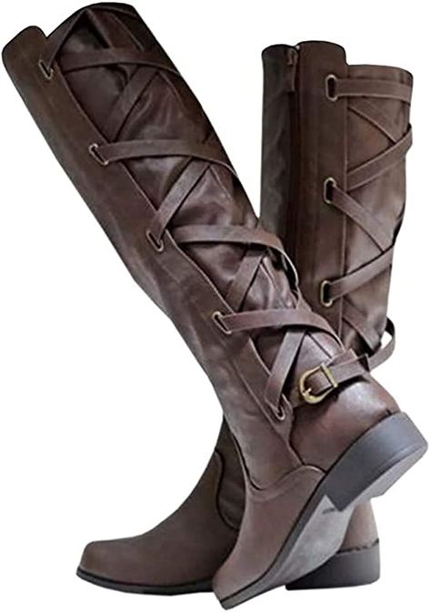 AmazonSmile | Womens Lace Up Knee High Boots Motorcycle Riding Flat Low Heels Strappy Winter Boots | Knee-High Leather Boots Knee High, Casual Leather Boots, Knee High Cowboy Boots, Women's Leather Boots, Knee High Boots Winter, Knight Boots, Boots Knee High, Low Heel Boots, Boots Winter