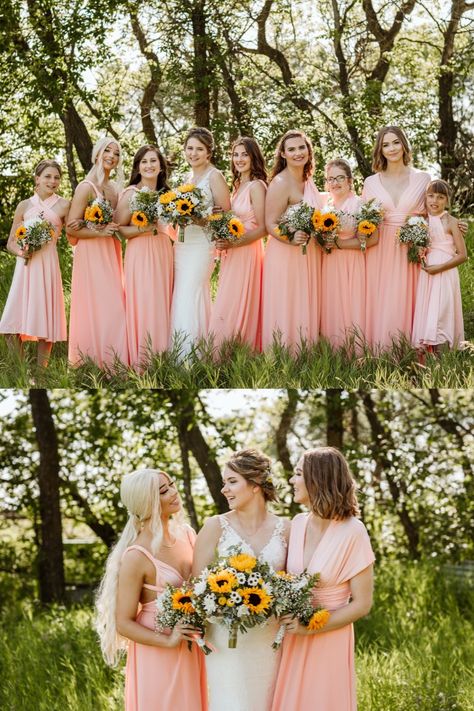 Coral And Sunflower Wedding, Pink With Sunflowers Wedding, Sunflower Pink And Blue Wedding, Summer Sunflower Wedding Color Schemes, Sunflower And Peach Wedding, Light Pink And Sunflower Wedding, Sunflower Pink Wedding, Pink Roses And Sunflowers Wedding, Sunflower And Pink Rose Wedding