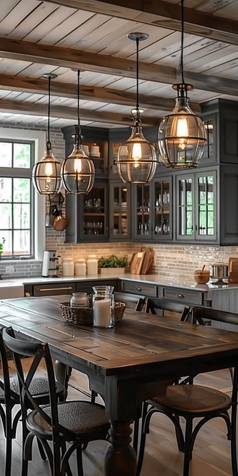 Masculine Cabin, Moving Ideas, Table Island, Farmhouse Kitchen Lighting, Fabulous Kitchens, Farmhouse Kitchen Design, Barn Homes, Kitchen Design Ideas, Decoration Inspiration