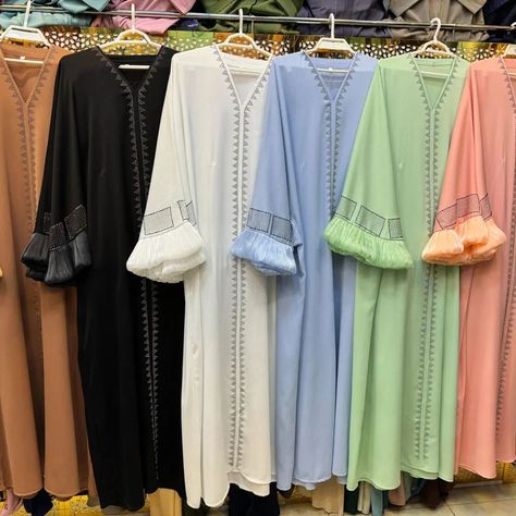 To a colorful new week💕 $60 each Size 52 - 62 Farasha Abaya Pattern, Traditional Embroidered Abaya, Sana Khan Abaya Collection, Abaya For Pregnant Women, Farasha Abaya, Modest Wear, April 22, Gold Accessories, New Week