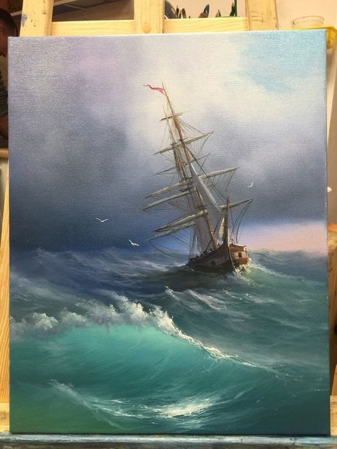 Sea Ship Painting, Ship In Ocean Painting, Ocean Art Painting, View Painting, Canvas Art Painting Acrylic, Beach Art Painting, Oil Painting Inspiration, Canvas Painting Tutorials, Ship Paintings