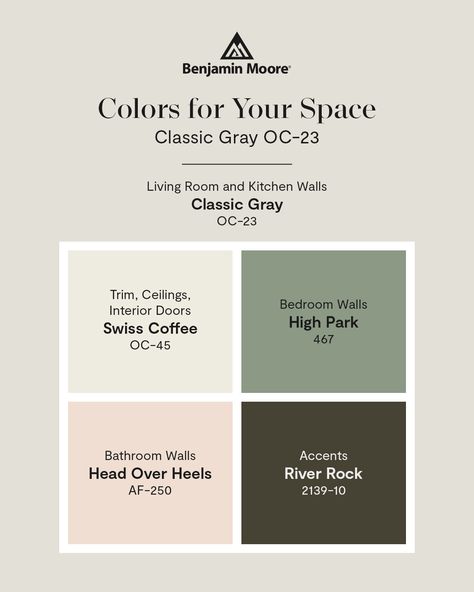 Looking to spruce up your space without leaning too hard into color? Try a palette of deeper neutrals, like these colors for your space featuring Benjamin Moore's Classic Gray OC-23, an ultra-light gray that can function in most homes as an off-white, and a selection of other earthy, versatile hues. Get started now with a color sample, available now at our locally owned store! #BenjaminMoore #HomeImprovement #HardwareStore #NeutralColors #DIYHome #InteriorDesign #HomeSweetHome #CozyLiving #P... Benjamin Moore Classic Gray, Swiss Coffee, Benjamin Moore Colors, Classic Gray, Grey Trim, River Rock, Benjamin Moore, Color Samples, Cozy Living