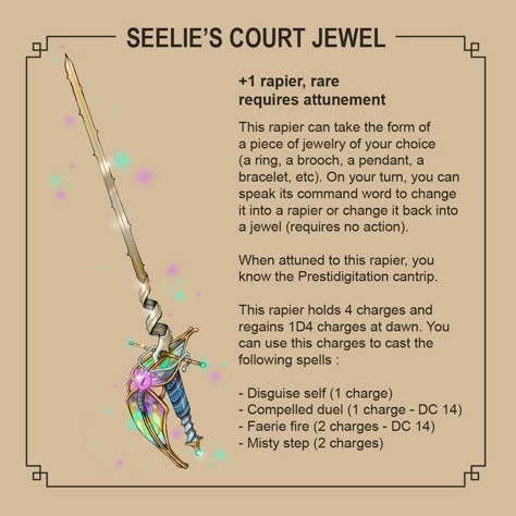 Dnd Magic Jewelry, Dnd Rapier Item, Rapier Design Dnd, Fantasy Items Art, Homebrew Items, Nebelung, Dnd Items, Magical Items, Dungeon Master's Guide