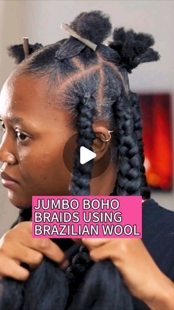 Juliana Amoateng on Instagram: "'Shaddouts' to @temiotedola for that delightful intro inspo 😁! This is a quick tutorial on jumbo boho braids using brazilian wool. This hairstyle is such a budget friendly one, and i think anyone can achieve it. I had 13 parts or sections overall. Please see product list below. Brazilian wool - 15 bundles @darlingghana DMAX Braiding extension - 1 pack Gel - @justlinhairwigtoolsgh Mousse - @kuurabeauty.inc Hot water Crochet pin Olive oil sheen spray Olive oil heat protectant #jumbohobraids #bohobraidstutorial #bohobraidstyle #temiotedola #julianaamoateng #beautycreator" Big Braids With Brazilian Wool, Brazilian Wool Box Braids, Brazilian Wool Hairstyles Twist, Braids With Brazilian Wool, Hairstyles Using Brazilian Wool, Brazilian Wool Hairstyles Braids, Jumbo Braids For Black Women, Packing Gel Hairstyle, Brazilian Hairstyles