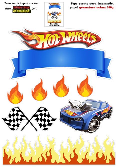 Hot Wheels Cake Topper Printable Free, Hot Wheel Printables, Hot Wheels Cupcakes, Hot Wheels Themed Birthday Party, Bolo Hot Wheels, Happy Birthday Hot, Monster Jam Party, Hot Wheels Cake, Wheel Cake