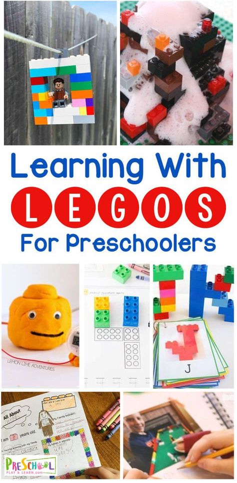 Learning with Legos for preschoolers - so many really fun ideas for learning literacy, STEM, and Lego math for kids of all ages #lego #preschool #prek Lego Stem Challenge, Ideas For Learning, Colors Learning, Lego Math, Ideas For Preschoolers, Sorting Colors, Lego Education, Sequencing Cards, Free Lego