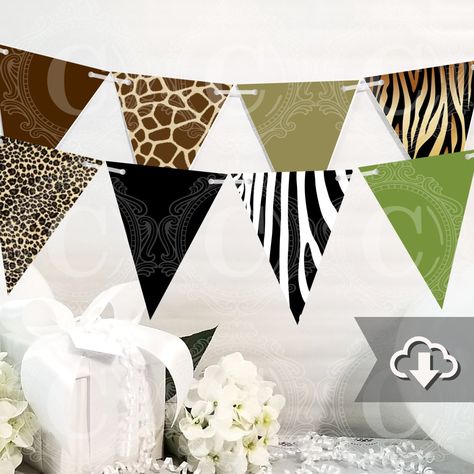 Diy Animal Party Decorations, Safari Party Decorations Diy, Diy Jungle Decorations, Diy Safari Decorations, Safari Banner, Bunting Printable, Jungle Thema, Hawaiian Party Decorations, Safari Decorations