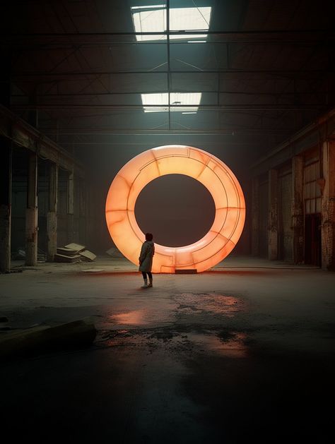 person standing by a large peach ring in an abandoned warehouse, in the style of futuristic glamour, life-sized installations, luminous compositions, makoto shinkhai, industrial design, shot on 70mm, industrial brutalist --ar 4:3 Peach Ring, Abandoned Warehouse, Industrial Design, Mac, Sculpture, Ring, Green, Design