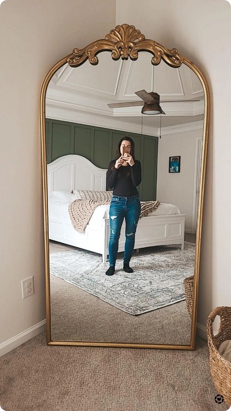 Giant Bedroom Mirror, Big Gold Framed Mirror, Giant Mirror Bedroom, Floor Length Mirror Bedroom, Vintage Mirror Aesthetic, Sams Club Gold Mirror, Big Gold Mirror Aesthetic, Long Mirror In Bedroom, Wall Mirror Decor Ideas