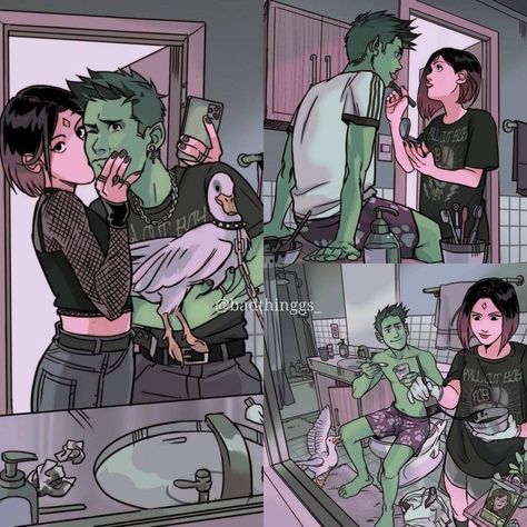 Character Design Ideas Male, Couple With A Dog, Teen Titans Drawings, Titans Fanart, Gabriel Picolo, Teen Titans Love, Raven Fanart, Raven Beast Boy, Relatable Comics